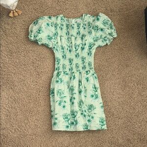 Mint Green Floral Puff-Sleeve Smocked Mini Dress